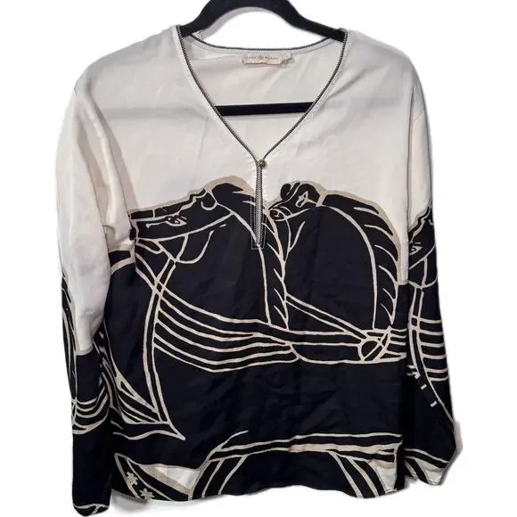 Tory Burch Shirt Women's Size 6 Black White Horse Trocadero Blouse - Picture 10 of 11
